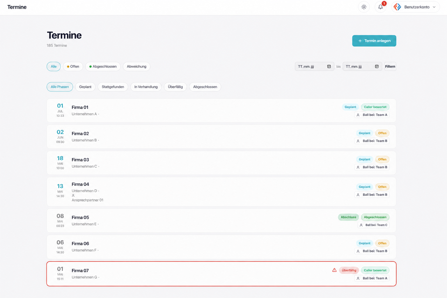 Terminverwaltung im Kaltakquise-CRM mit Status und Team-Zuordnung